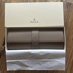 Authentic Official Rolex 3 Watch Saddle Brown Leather Travel Case Pouch Roll